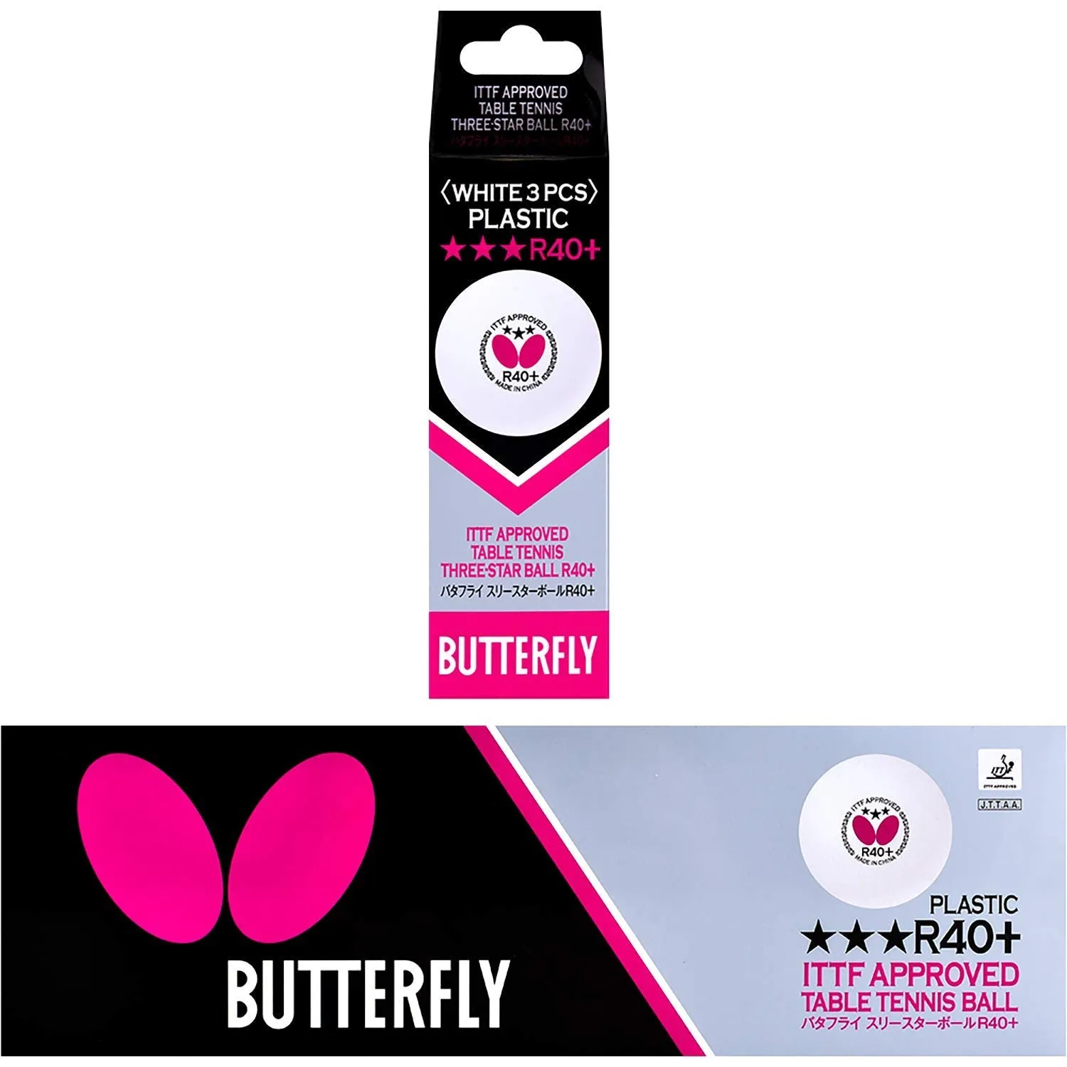 Butterfly 3 Star R40 Plus Table Tennis Balls, Pack Of 3 - White