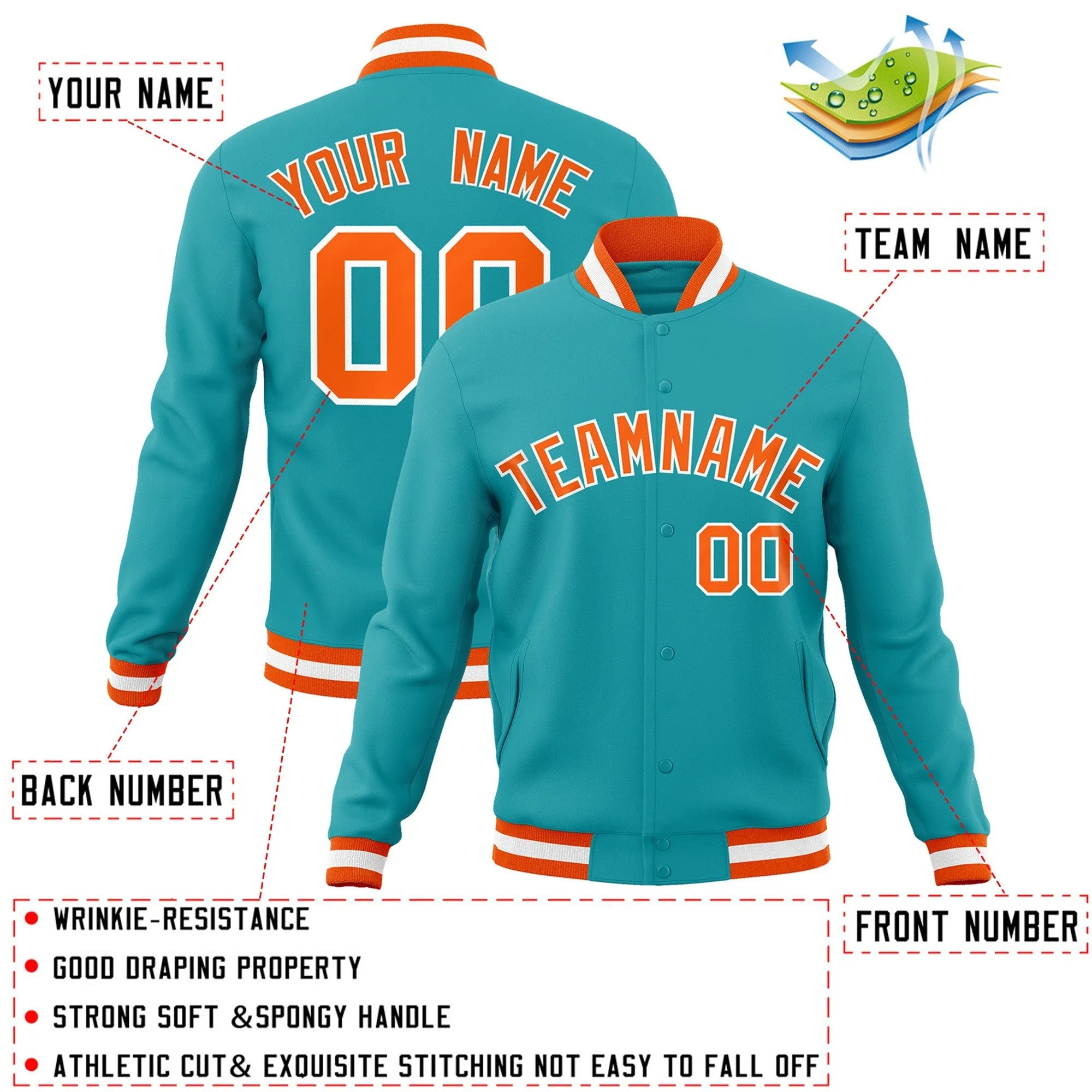 Custom Aqua Orange-White Classic Style Varsity Full-Snap Letterman Jacket