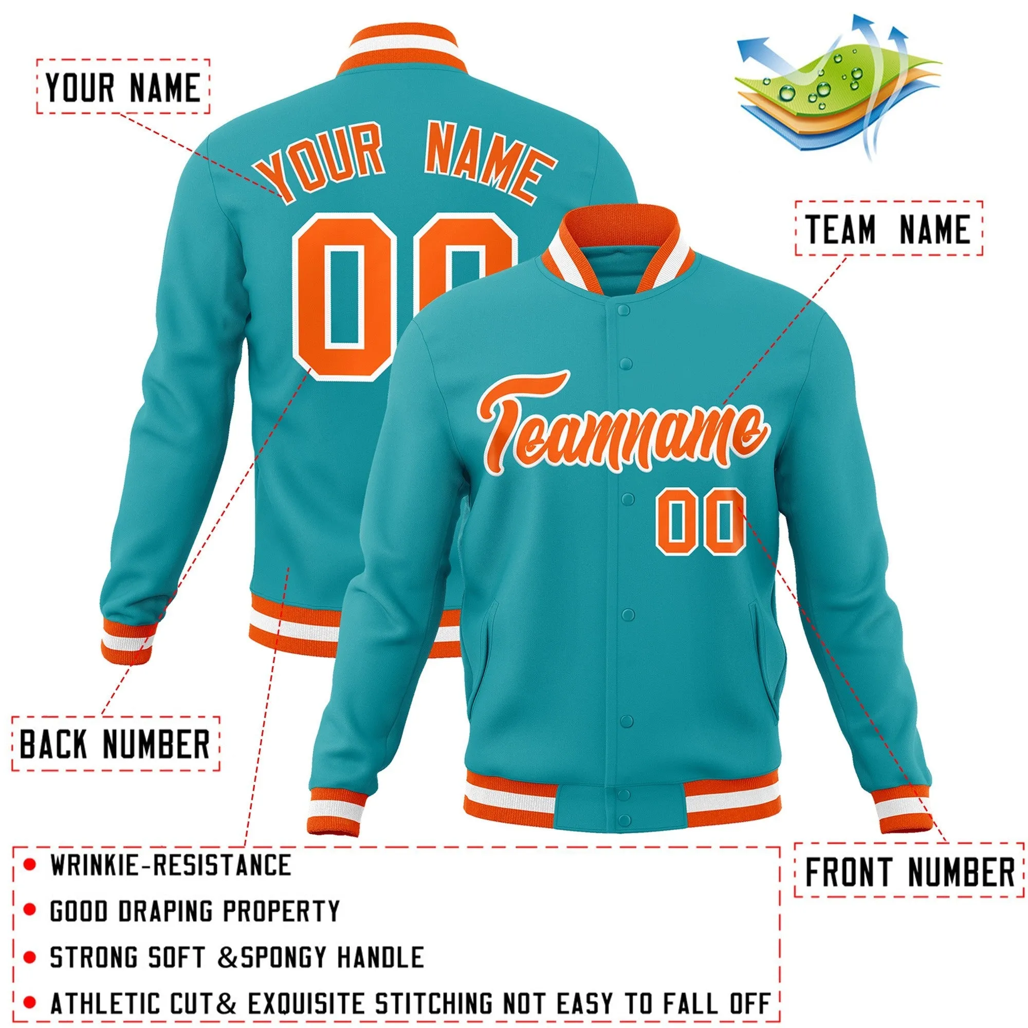 Custom Aqua Orange-White Classic Style Varsity Full-Snap Letterman Jacket