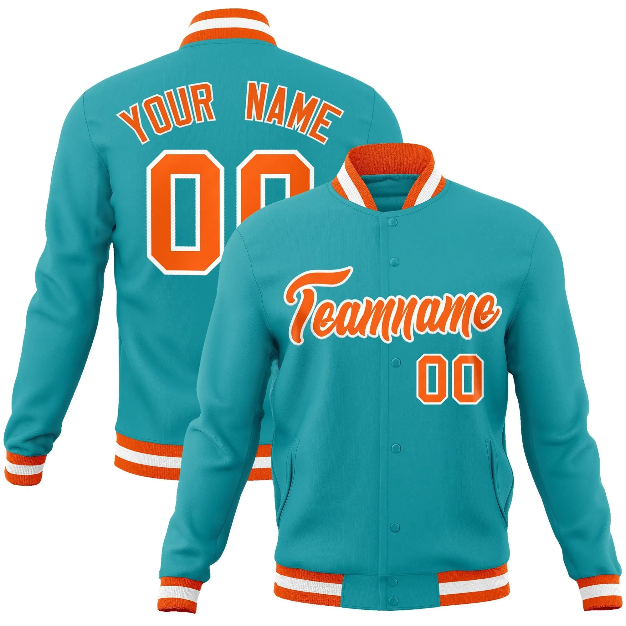 Custom Aqua Orange-White Classic Style Varsity Full-Snap Letterman Jacket