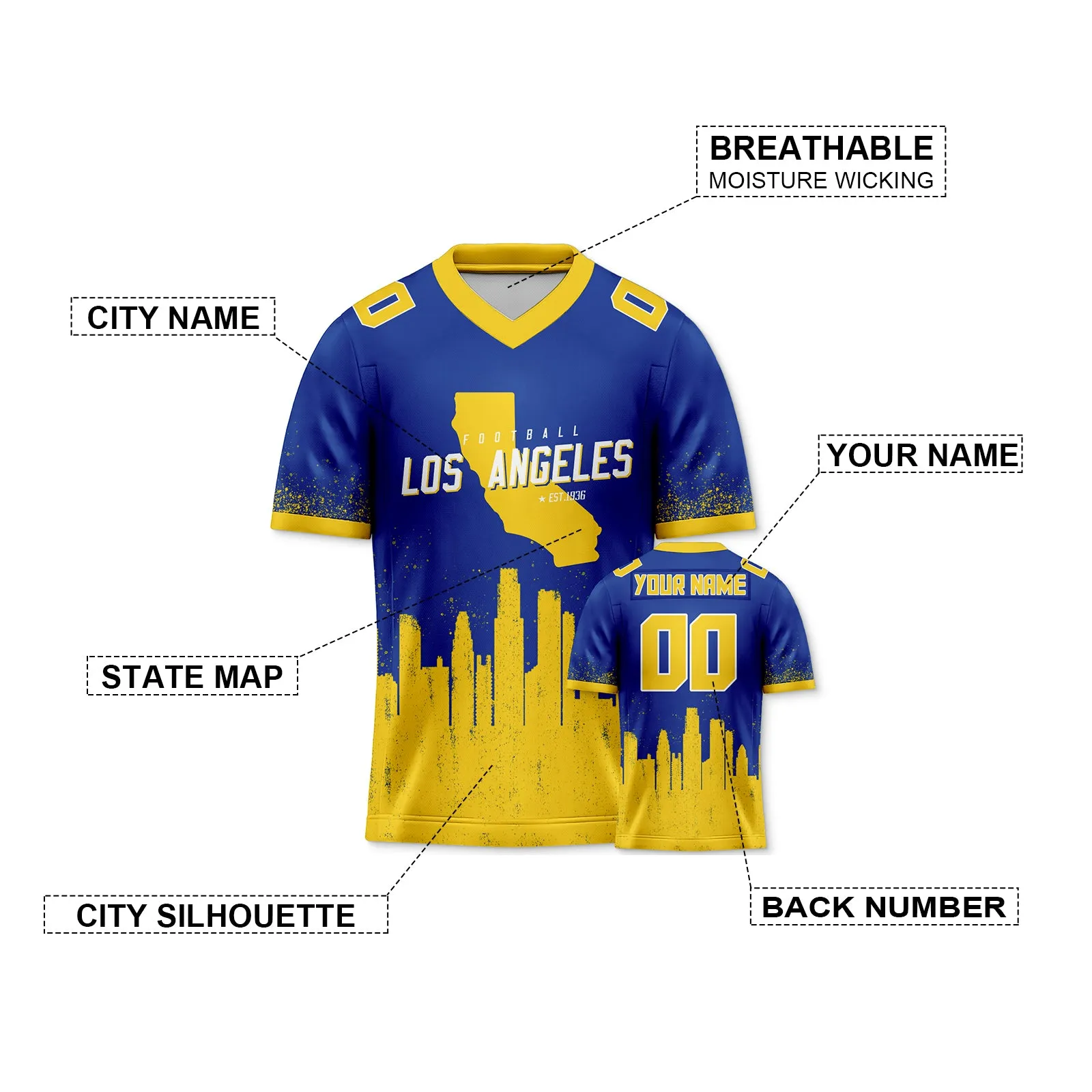 Custom Football Jersey Los Angeles Rams City Map Graffiti Shirt Unisex Personalized Name and Number for Men Women Youth Football Fans Gift