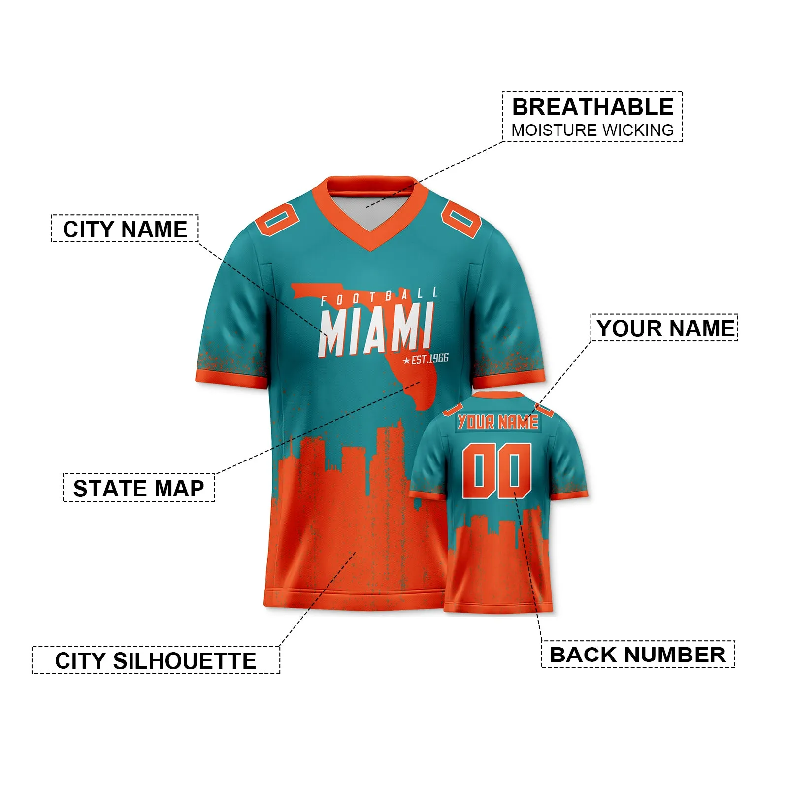 Custom Football Jersey Miami Dolphins City Map Graffiti Shirt Unisex Personalized Name and Number for Men Women Youth Football Fans Gift