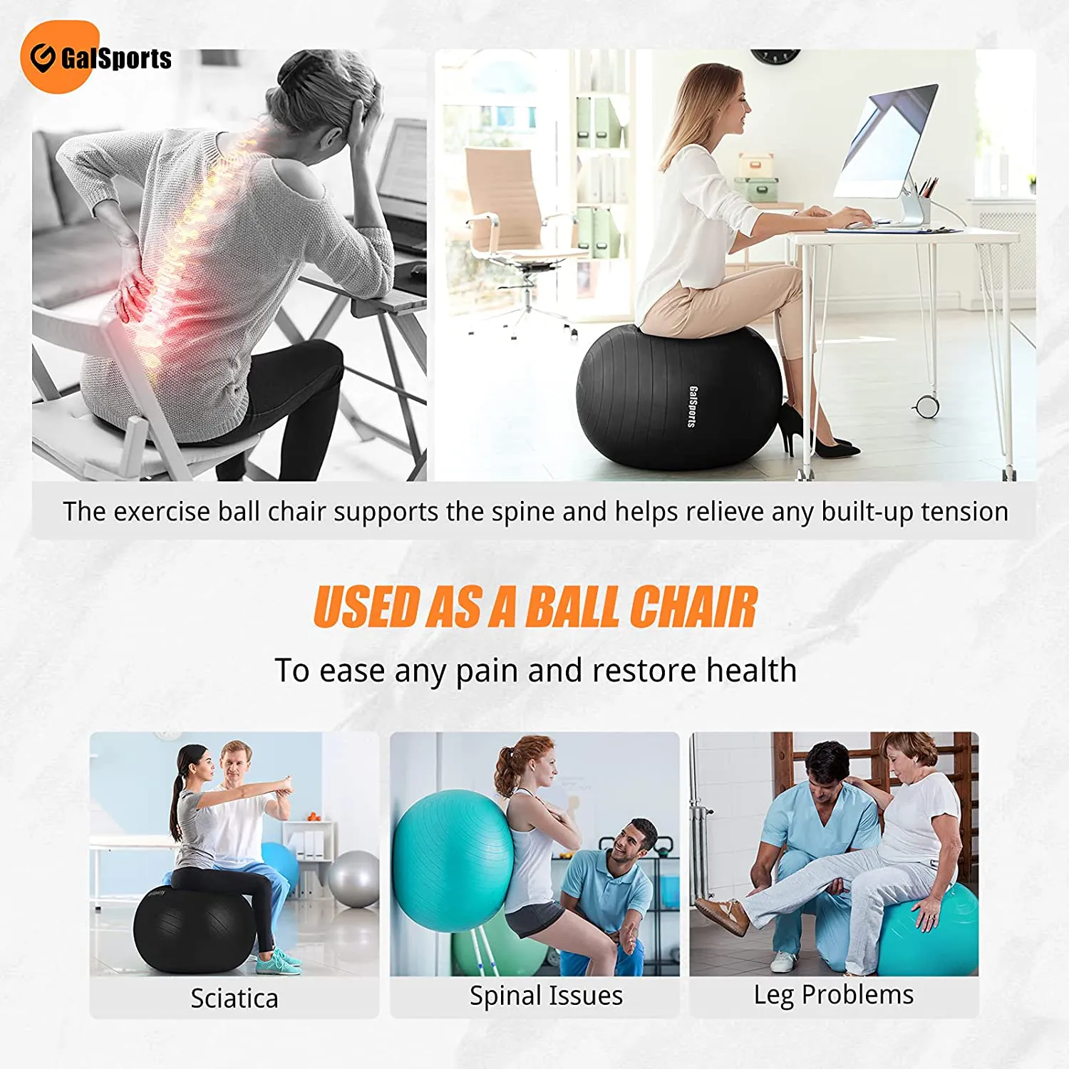 GalSports Exercise Ball (45cm-75cm), Yoga Ball Chair with Quick Pump, Stability Fitness Ball for Core Strength Training & Physical Therapy